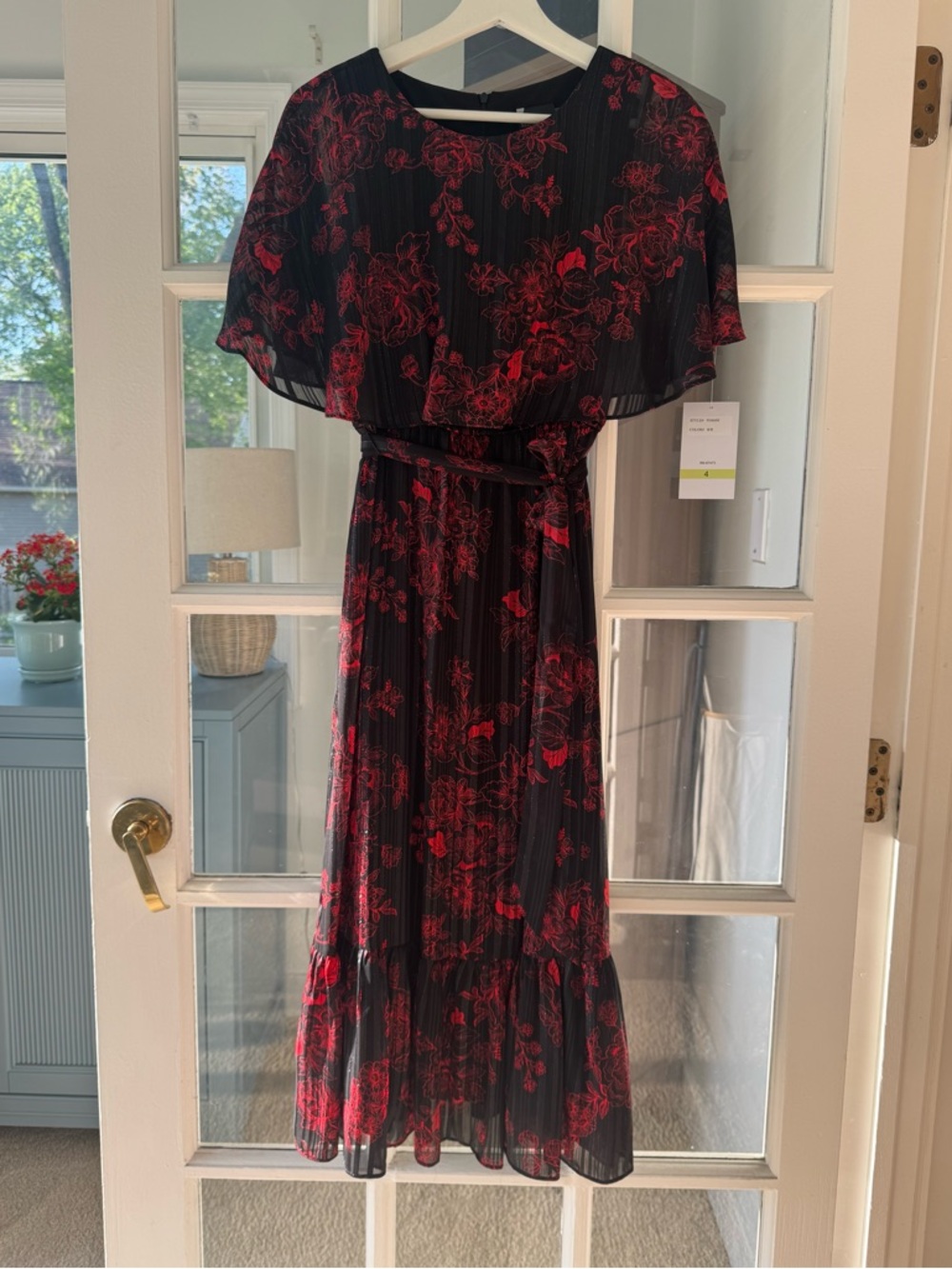 Black Midi Dress with Red Floral Print Size 4
